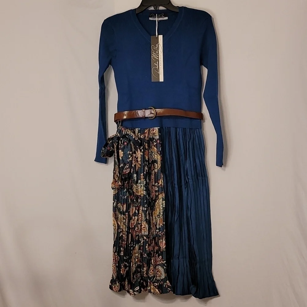 𝅺Dalia Macphee Jewel Neck Sweater Dress with Paisley Pleated Skirt
